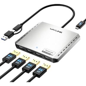 WAVLINK USB 3.0 or USB C to Quad Displayport Splitter Extended Display for Four Monitor with 85W PD, Displaylink Adapter 4 DP 4K@120Hz for Apple Mac M1/M2/M3/M4 or Windows 10/11, USB A/C to DP 4K