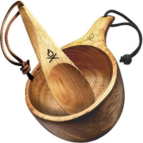überleben Dursten Lore Kuksa Cup & Kanu Spoon Bundle - Handcarved 12oz Wooden Mug & Nordic Wooden Utensil - Lightweight, Durable Camping Gear w/Paracord Lanyard & Carabiner - Hiking & Bushcraft Kit