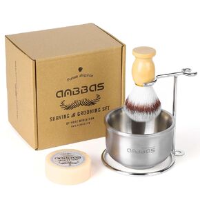 Shaving Brush Set, 4in1 Anbbas Fine Badger Shave Brush Wood Handle,Stainless Steel Shaving Stand and Soap Cup Dia 3.2inches with Shaving Soap Bar Natural Organic 3.5oz for Men