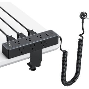 NTONPOWER Desk Clamp Power Strip, Coiled Extension Cord 10 ft with 9 AC Outlets 3 USB Ports, Flat Plug Surge Protector, Desk Edge Mount or Wall Mountable Charging Station, Fit 2.68" Tabletop Edge