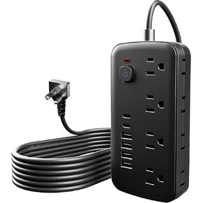 Versatile 14-in-1 Power Outlet with 8 AC Outlets and 6 USB Ports (4A and 2C) - Short Cord, Ideal for Travel, 1080J Surge Protection, Wall Mount, Desktop Charging (White, 5FT)
