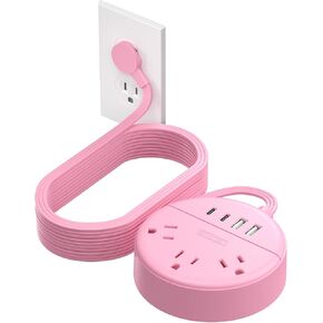 NTONPOWER Pink Power Strip, 5ft Extension Cord, 3 AC Outlets & 2 USB C & 2 USB A, Flat Extension Cord, Wall Mount, Flat Plug Power Strip for Home, Dorm, Vanity Desk, Nightstand, Women Travel Essential
