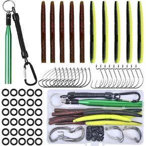 Wacky Rig Worm Hooks Fishing Tool Kit for Bass Fishing, 61pcs Wacky Rig Tool with Weedless Hooks Worms Baits O Rings Tackle Box for Soft Stick Baits Bass Trout