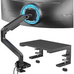 ARES WING Single Monitor Mount with 3 in 1 Versatile Clamp on Desk Shelf, Ultrawide Monitor Arm for 17 to 49 inch Heavy Duty Monitor and 15 inches Desk Extender Shelves