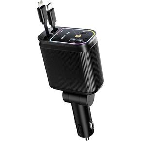 Retractable Car Charger, 4 in 1 Retractable Cables and 2 USB Ports Car Charger Adapter for iPhone 16/15/14/13/12