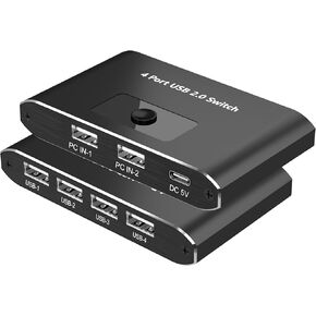 USB 2.0 Switch, 2 Computers Sharing 4 Devices, USB 2.0 Switcher for Mouse, Keyboard, Printer, Scanner, Flash Drive, Compatible with Windows, Mac, Linux, Chrome OS