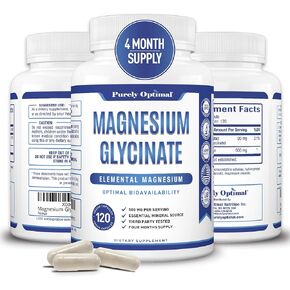 Purely Optimal Magnesium Glycinate 500mg - Premium Non-Buffered Supplement for Sleep, Calm & Muscle Function Support, 120 Easy-to-Swallow Capsules - High Absorption & Gentle on Stomach
