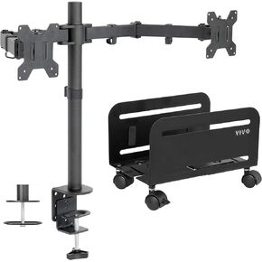 VIVO Dual 13 to 27 inch LCD Monitor Mount and CPU Steel Rolling Stand Kit, Heavy Duty, Fully Adjustable Monitor Stand and PC Cart (Bundle)
