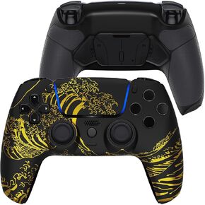 eXtremeRate Luna Redesigned The Great Golden Wave Off Kanagawa Black Front Shell Compatible with ps5 Controller BDM-010 020 030 040 050, 4 Back Buttons RISE4 Remap Kit for PS5 Controller BDM-010 020