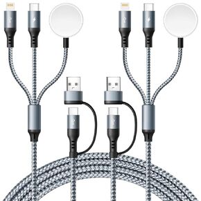 كابل شحن سريع متعدد الترقية لشاحن Apple Watch 3 في 2 USB A-C مع Lightning/Type C/Watch Charger Cable Cable المتوافق مع IWatch Ultra/SE/9-1 & Phone 15/14/13/12/GALAXY S24/S23-6FT