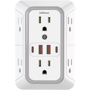USB Wall Charger Power Strip Surge Protector with 4 USB Ports (2 USB C) Plug Extension Multiple Outlets Plug Extension Multi Outlet Plug in Adapter Spaced Outlets for Home Office Travel,White