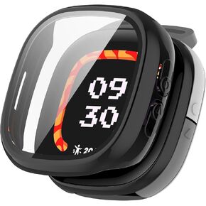 Compatible with Fitbit Ace LTE Case Cover, Screen Protector Tempered Glass Film PC Protective Case for Fitbit Google Ace LTE Kids Smartwatch (Black)