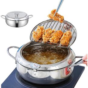 Stainless Steel Deep Fryer Pot, Japanese Deep Fryer Pot with Lid, Temperature Control & Oil Drip Drainer Filter Rack for French Fries Chicken Wings and Shrimp Tempura (28cm/11in)