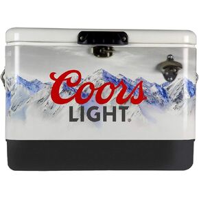 Coors Light Retro Ice Chest Beverage Cooler with Bottle Opener, 51L (54 qt), 85 Can Steel-Belted Portable Cooler, White and Black, for Camping, Beach, RV, BBQs, Tailgating, Fishing
