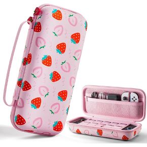 FUNDIARY Pink Carrying Case for Nintendo Switch 2 (2025), Strawberry Shockproof Accessories with Durable Portable Travel Case, Large Capacity Protective Cover Skin with 10 Game Card Slots for Switch 2