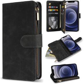 ZZXX for iPhone 12 Mini Wallet Case with Card Slot Premium Soft PU Leather Zipper Flip Folio Wallet with Wrist Strap Kickstand Protective for iPhone 12 Mini Case Wallet(Blue 5.4 inch)