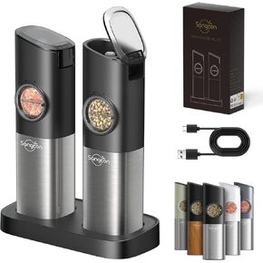 Sangcon Gravity Electric Salt and Pepper Grinder Set Rechargeable with Dust Cover, Large Capacity, Adjustable Coarseness, LED Light, One Hand Automatic Salt Pepper Shaker Set Mill, House Warming Gifts