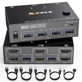HDMI USB 3.0 KVM Switch for 2 Computers, Dual Monitor DisplayPort KVM Switcher Supports 8K@60Hz 4K144Hz, Share Keyboard, Mouse and Monitor