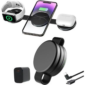 PowerGo Ultra Portable 3 in 1 Wireless Charging Station for iPhone 16/15/14, Apple Watch Ultra/10/9/8/SE, AirPods Pro/3/2 – 15W MagSafe Charing Device with USB-C Adapter, Foldable Stand