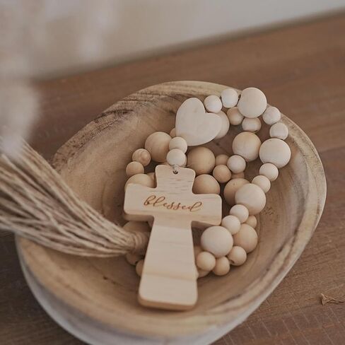 Wood Bead Garland with Blessed Cross, Blessing Beads with Wooden Cross, Beaded Cross for Farmhouse Decor in Saudi Arabia