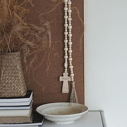 Wood Bead Garland with Blessed Cross, Blessing Beads with Wooden Cross, Beaded Cross for Farmhouse Decor in Saudi Arabia