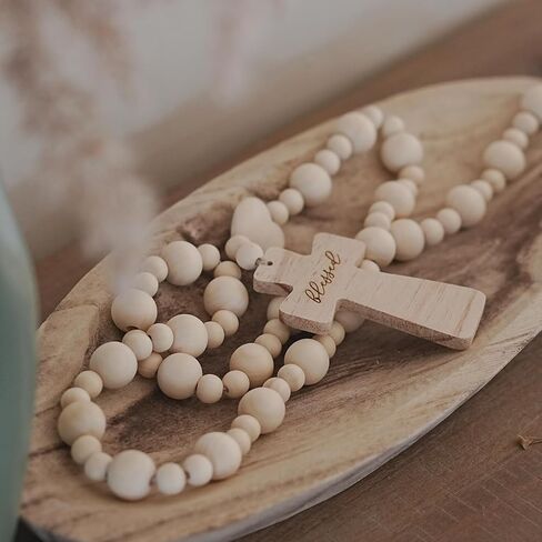 Wood Bead Garland with Blessed Cross, Blessing Beads with Wooden Cross, Beaded Cross for Farmhouse Decor in Saudi Arabia