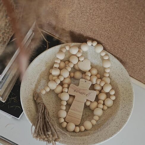 Wood Bead Garland with Blessed Cross, Blessing Beads with Wooden Cross, Beaded Cross for Farmhouse Decor in Saudi Arabia
