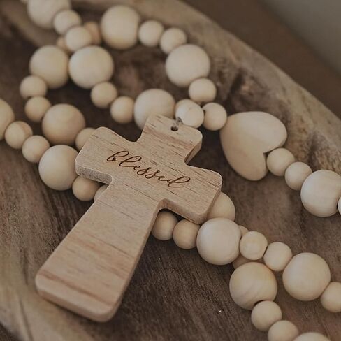 Wood Bead Garland with Blessed Cross, Blessing Beads with Wooden Cross, Beaded Cross for Farmhouse Decor in Saudi Arabia