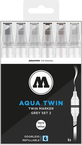 MOLOTOW Aqua Twin Marker Grey Set 1, Brush and Chisel Nib, Assorted Colors, 6 Marker Set, 1 Set Each (729.303) in Kuwait