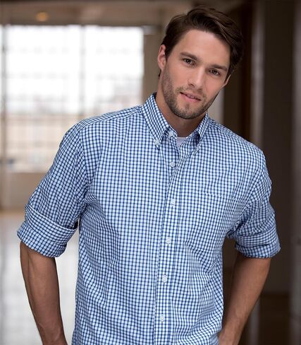 Vantage Apparel Men's Collegiate Easy-Care Long Sleeve Gingham Check Button Down Shirt, Georgia Tech Yellow Jackets, Navy, Small in Kuwait