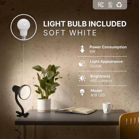 مصباح مكتب Xtricity LED، معقوفة قابلة للتعديل 360 درجة، مصباح للمنزل والمكتب مع لمبة 7 وات A19، 120 فولت، مفتاح تشغيل/إيقاف، ارتفاع 14 بوصة - مصابيح قراءة لطاولة بجانب السرير، مسكن جامعي (لمسة نهائية سوداء) in Kuwait