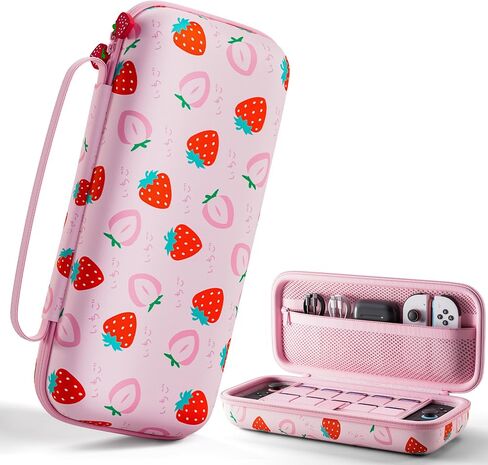 FUNDIARY Pink Carrying Case for Nintendo Switch 2 (2025), Strawberry Shockproof Accessories with Durable Portable Travel Case, Large Capacity Protective Cover Skin with 10 Game Card Slots for Switch 2 in Saudi Arabia