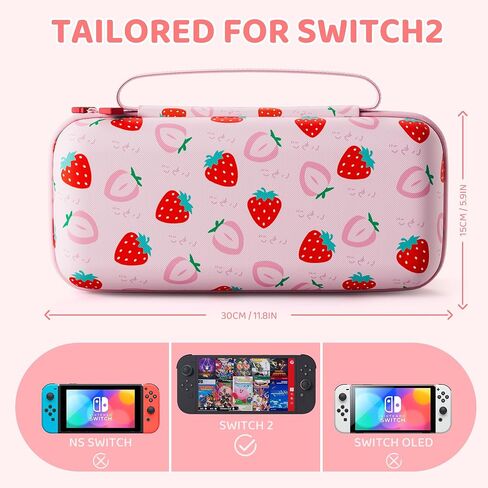 FUNDIARY Pink Carrying Case for Nintendo Switch 2 (2025), Strawberry Shockproof Accessories with Durable Portable Travel Case, Large Capacity Protective Cover Skin with 10 Game Card Slots for Switch 2 in Saudi Arabia