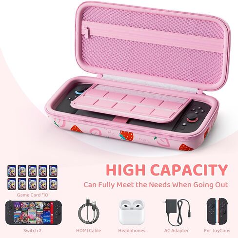 FUNDIARY Pink Carrying Case for Nintendo Switch 2 (2025), Strawberry Shockproof Accessories with Durable Portable Travel Case, Large Capacity Protective Cover Skin with 10 Game Card Slots for Switch 2 in Saudi Arabia