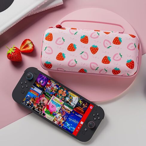 FUNDIARY Pink Carrying Case for Nintendo Switch 2 (2025), Strawberry Shockproof Accessories with Durable Portable Travel Case, Large Capacity Protective Cover Skin with 10 Game Card Slots for Switch 2 in Saudi Arabia