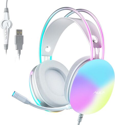 AULA USB Gaming Headset with Mic for PC, RGB Rainbow Backlit Headphone, Virtual 7.1 Surround Sound, 50mm Driver, Soft Memory Earmuffs, Wired Laptop Desktop Computer Headset, Green, S505 in Saudi Arabia