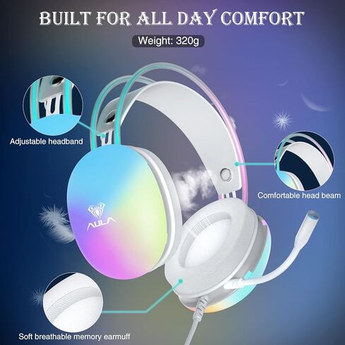AULA USB Gaming Headset with Mic for PC, RGB Rainbow Backlit Headphone, Virtual 7.1 Surround Sound, 50mm Driver, Soft Memory Earmuffs, Wired Laptop Desktop Computer Headset, Green, S505 in Saudi Arabia