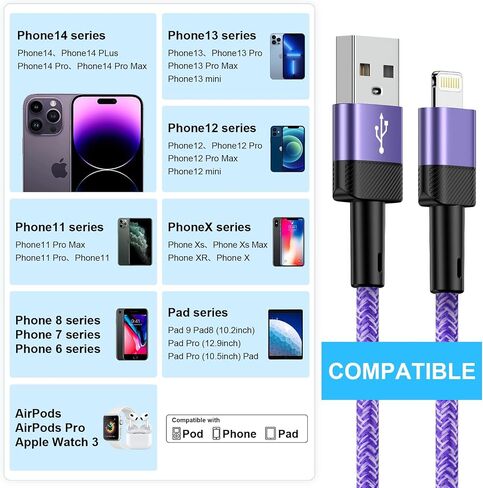10FT Long USB A to Lightening Cable Fast Charging Compatible for iPhone 14 Pro Max 13 12 11 Pro Max XR XS X 8 7 6 Plus,Phone Charger Cord 10 foot Fast Charging Compatible for iPad/iPod/iPad Air Mini in Saudi Arabia