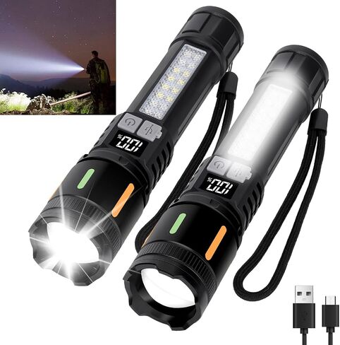 Flashlights High Lumens Rechargeable 2 Packs, 990,000 Lumens LED Battery Powered Tactical Handheld Flashlight with 5 Modes, Cob Side Light, USB C, Zoomable, Waterproof for Outdoor Emergencies in Saudi Arabia