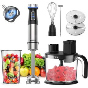 Ganiza Immersion Blender Handheld, 7 in 1 Hand Blenders Max 1000W, 15 Vasriable Speed and Turbo Mode, Stainless Steel, With 1500ml Food Processor and Other 6 Pieces