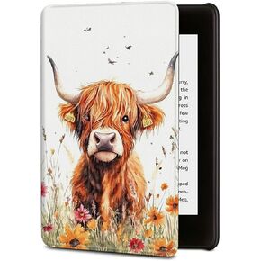 Case for 7" All-New Kindle Paperwhite (12th Generation, 2024 Released) PU Leather Cover with Auto Sleep Wake for Kindle Colorsoft Signature Edition, Floral Highland Cow