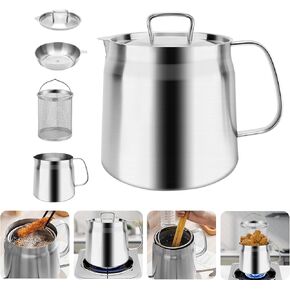 GWY 1.5L/50oz 304 Stainless Steel Oil Filter Pot with Strainer Large Capacity - Versatile Oil Filtration for Deep Frying, Boiling, and Simmering Ideal for Home and Camping Use