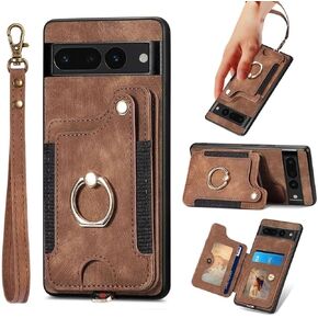 JanCalm for Pixel 7 Pro Case,Card Holder Wallet for Google Pixel 7 Pro Case,Ring Stand,RFID-Blocking,Wrist Strap,Camera Protector,Leather Protective Magnetic Flip Cover (Purple)
