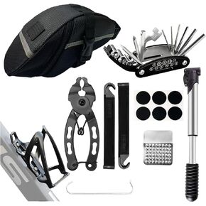 Bike Tool Kit，Bike Repair Kit & Bike Frame Bag with Tire Pump,Portable Tool Kit for Camping Travel - 16-in-1 Bike Multitool,Bike Chain Tool，Tire Patches, Inflator，Bottle Holder,Use for Road Bike MTB