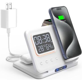 Foldable Travel 3 in 1 Wireless Charging Station for Multiple Devices Apple with Clock, Fast Wireless Charger Stand for iPhone 16 15 14 Pro Max 13 12/ Watch10 9 8 7 6 5 4 Se/Airpods 3 2 Pro