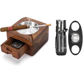 Cigar Ashtray and Cigar Lighter, Square Wooden Ashtray 4 Slots Cigar Holder with Cigar Accessories Drawer, Windproof Refillable Butane Torch Lighter, Cigar Cutter and Lighter Set - No Butane