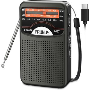 PRUNUS Portable Radio AM FM with Rechargeable Battery, Earphone Jack, Handheld Radio, Excellent Reception, Knob Easy to use, Tansistor Radio, J-167