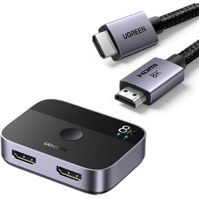 UGREEN HDMI 2.1 Switch 8K@60Hz 2 in 1 Out Ultra HD Bundle with 8K HDMI 2.1 Cable 48Gbps 6.6FT, Certified Ultra High Speed Cord Aluminum