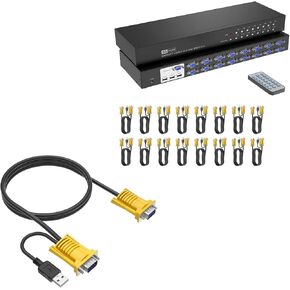 16 Port Rack Mount KVM VGA + 2 Pack 10ft VGA KVM Cable