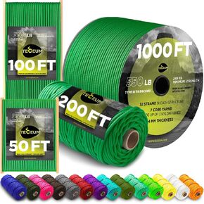 TECEUM Paracord Type III 550 Green – 200 ft – 4mm – Tactical Rope MIL-SPEC – Outdoor para Cord –Camping Hiking Fishing Gear and Equipment – EDC Parachute Cord – Strong Survival Rope 025